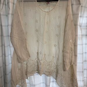 Johnny Was Cream Floral Embroidered Silk Blouse